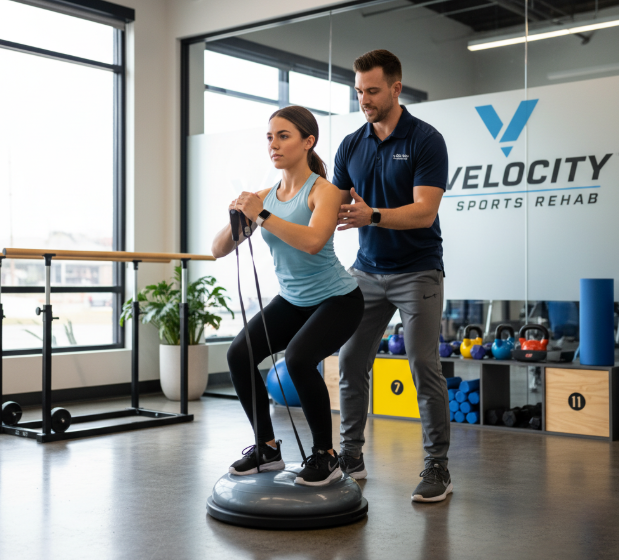 Sports physical therapist providing hands-on treatment to Northbrook athlete in professional rehabilitation clinic