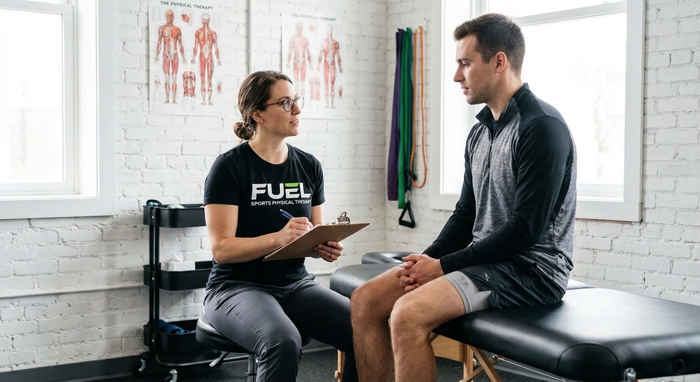 Patient working with a provider at a sports physical therapy clinic in Northbrook during a performance evaluation consultation