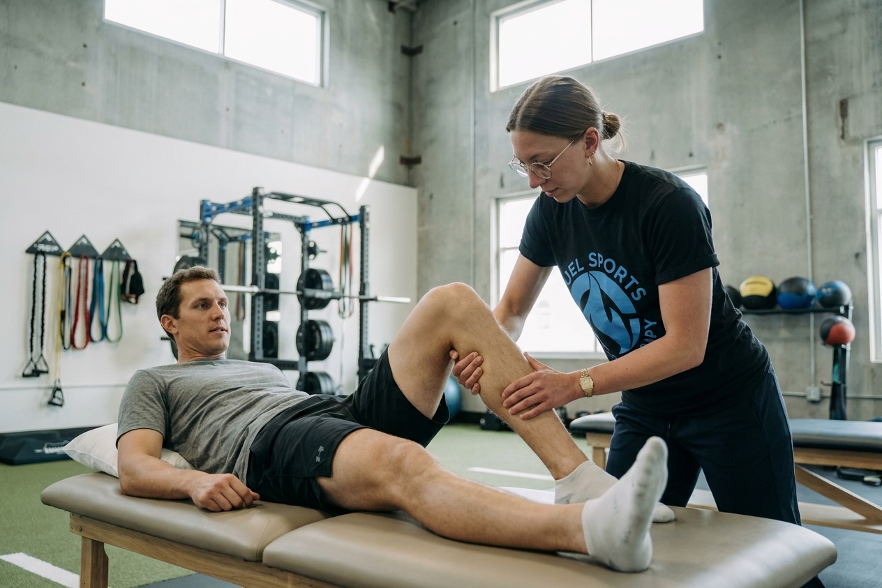 Patient working with a provider at a sports physical therapy clinic in Northbrook, IL during lower extremity rehabilitation