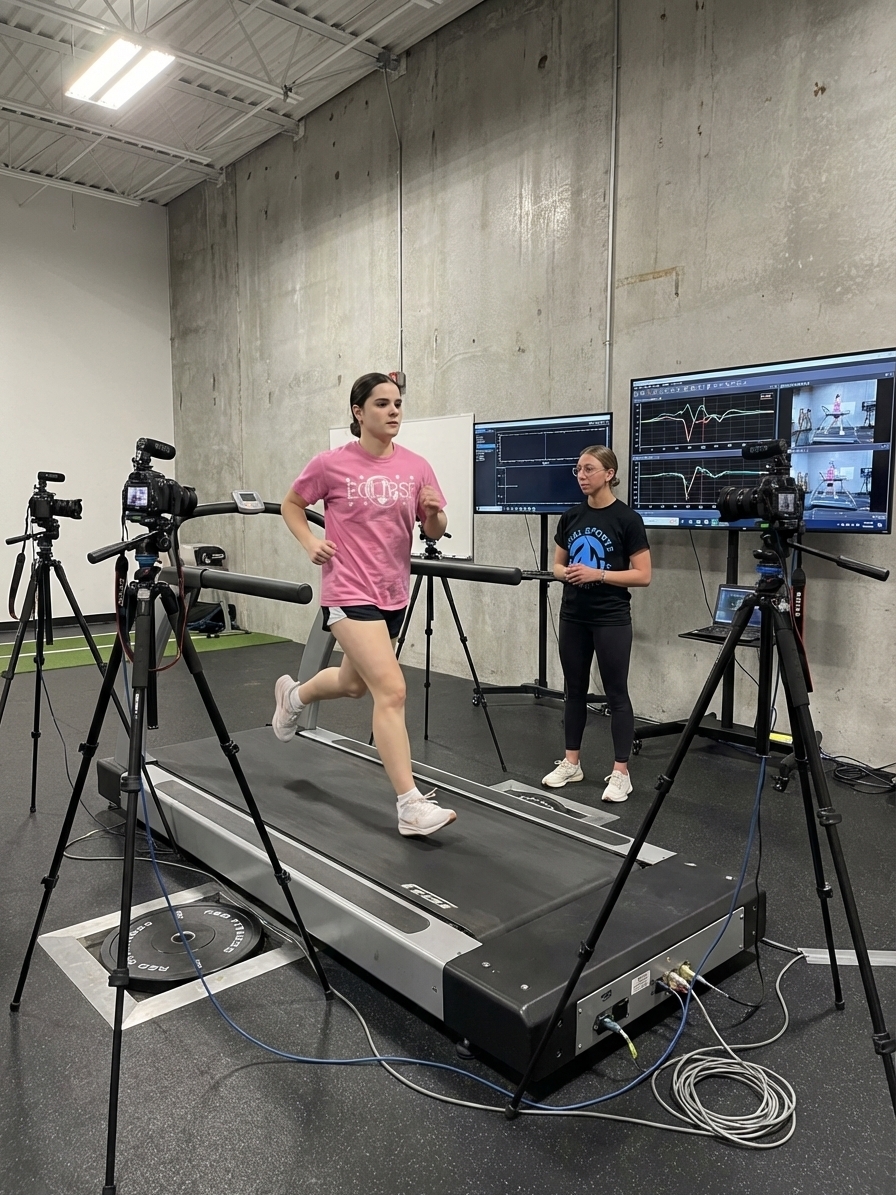Runner undergoing running gait analysis at a performance physical therapy clinic in Northbrook with advanced testing equipment