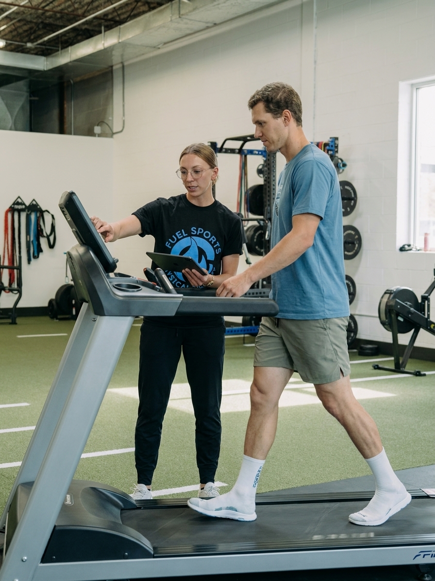 Patient working with a provider at a running physical therapy clinic in Northbrook, IL during a running gait analysis assessment