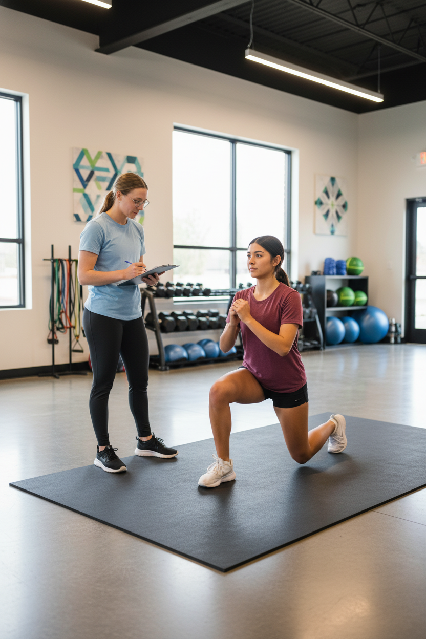 Athlete undergoing functional movement assessment during sport-specific physical therapy rehabilitation in Northbrook